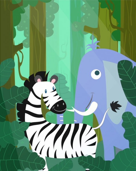 vida selvagem zebra elefante ícones coloridos dos desenhos animados de desenho