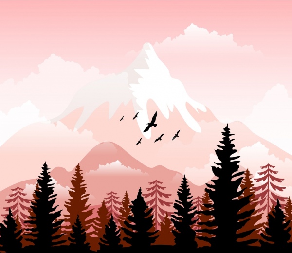 vida selvagem paisagem fundo montanha floresta aves ícones decoração