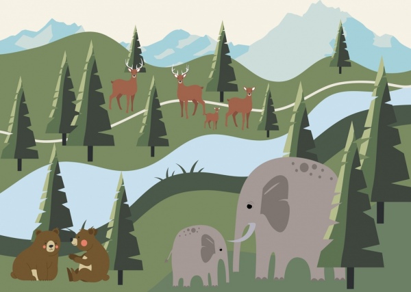 lukisan satwa liar pemandangan hutan dekorasi ikon hewan