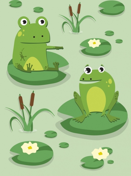 野生動物の絵の緑のカエル蓮の葉漫画デザイン
