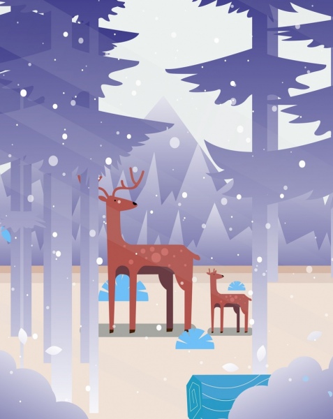 야생 동물 그림 사슴 숲 눈 아이콘 만화 디자인