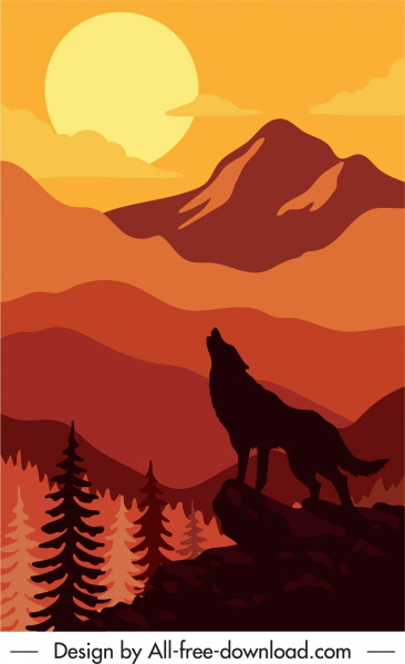 fauna selvatica pittura lupo montagna luna luce della luna schizzo silhouette decorazione