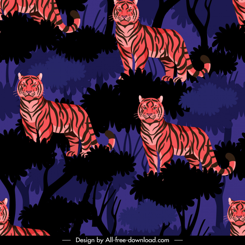 Dunkle Skizze für Wildtiermuster mit wiederholten Tigerbäumen