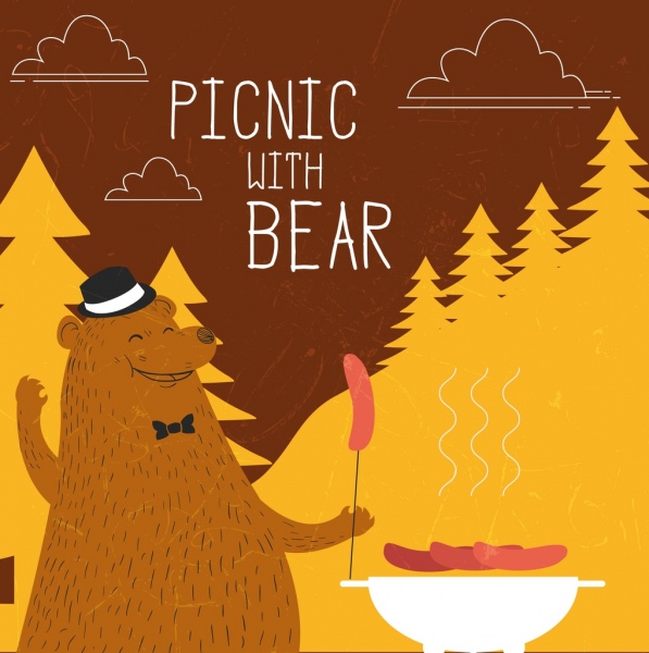 satwa liar piknik banner bergaya beruang barbekyu ikon