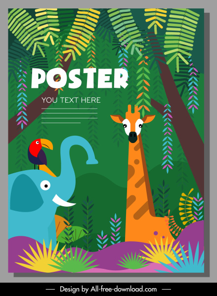 สัตว์ป่าโปสเตอร์สัตว์ป่าวาดป่าออกแบบแบนที่มีสีสัน