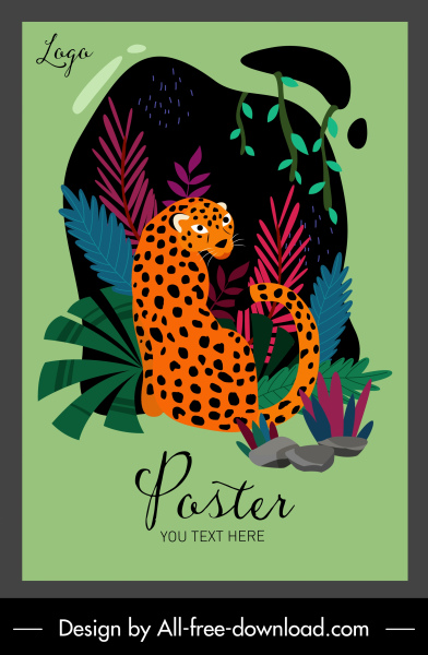 野生動物海報豹子素描五顏六色的經典設計