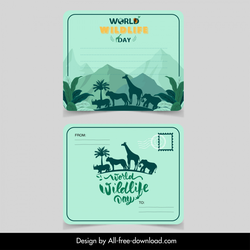 야생 동물 보존 카드 컬렉션 동물 실루엣 산 장면 장식