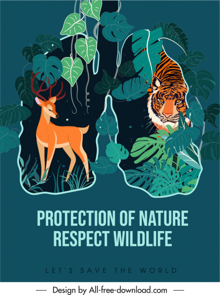 баннер защиты дикой природы темные классические животные джунгли эскиз