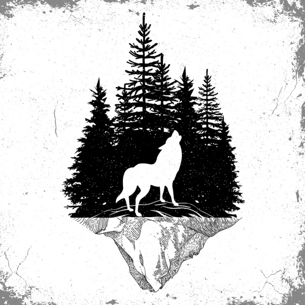 야생 동물 문신 템플릿 늑대 숲 아이콘 디자인 실루엣