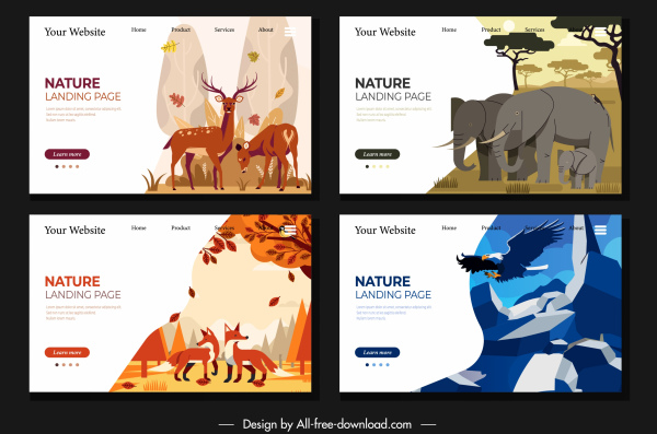 野生动物网页模板驯鹿大象狐狸鹰素描