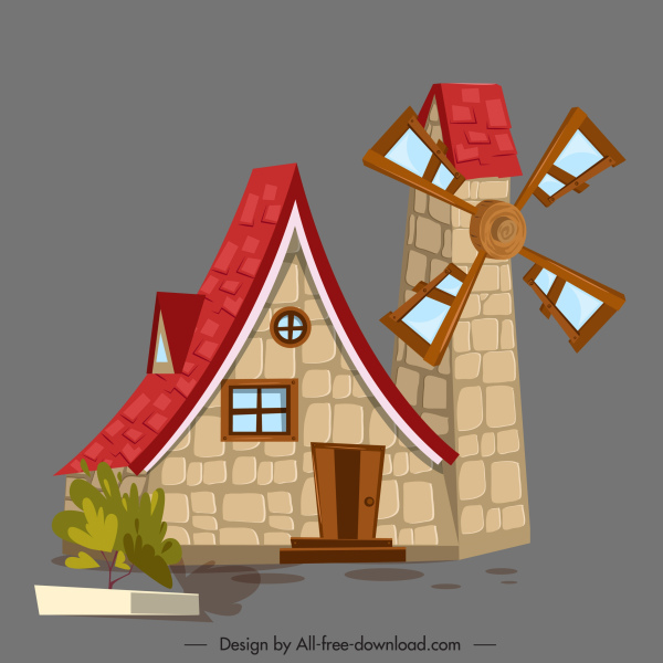 windmill casa ícone colorido esboço clássico
