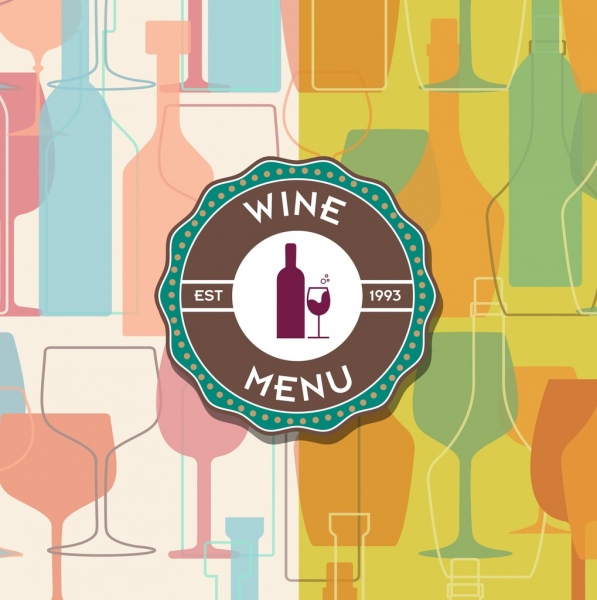 publicidade ícones de vidro fundo colorido plana garrafa de vinho