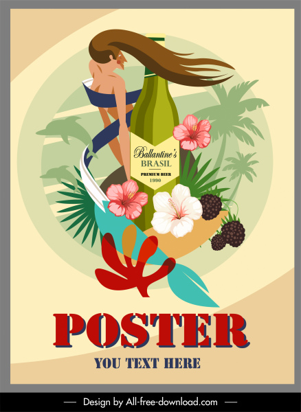 cartel publicitario de vino lady plantas tropicales decoración