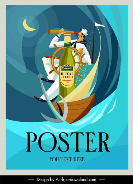 plantilla de cartel publicitario de vino marinero elementos marinos boceto