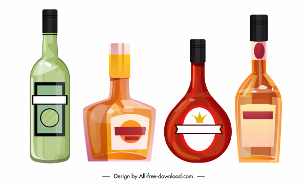 iconos de botellas de vino coloreados formas planas boceto