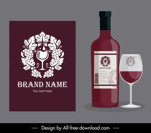 plantilla de identidad de marca de vino elegante decoración simétrica plana