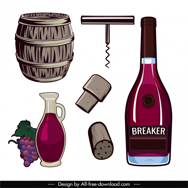 şarap tasarım elemanları renkli retro semboller kroki