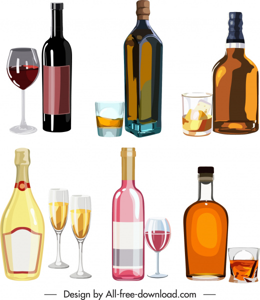 icônes de vin brillant bouteilles colorées tasses verres croquis