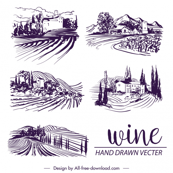 Wein-Label-Dekor-Elemente Vintage handgezeichnete Landschaft Szene