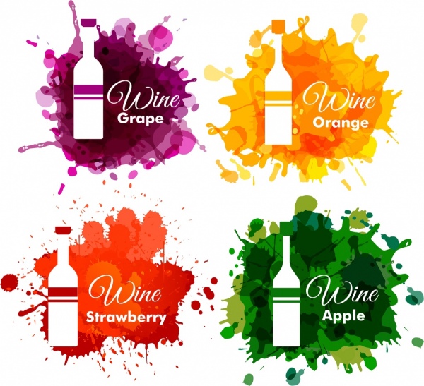 вина логотип коллекции бутылка дизайн красочный гранж стиле