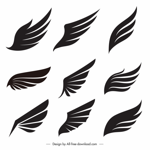 Flügel Symbole flache Silhouette handgezeichnete Skizze