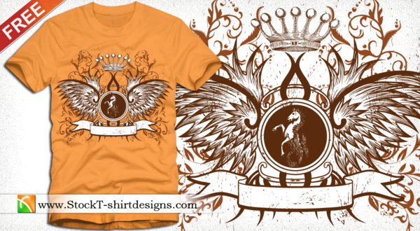왕관과 꽃 무료 tshirt 디자인 날개 방패