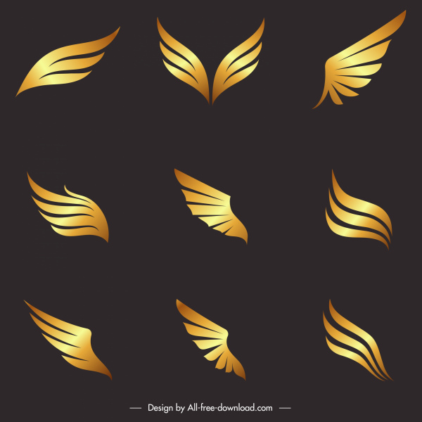 ícones de asas modernas formas douradas brilhantes