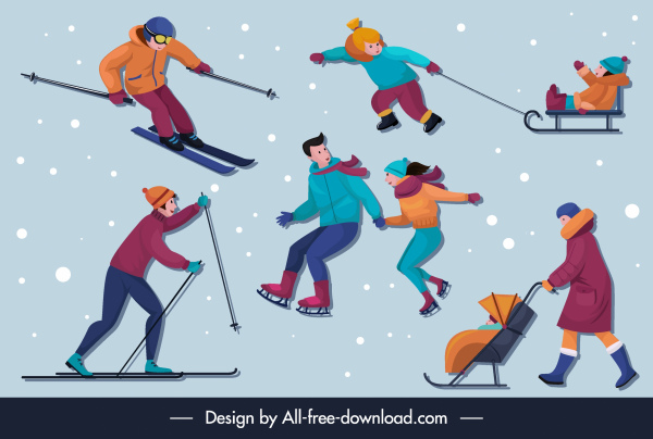 Winter Aktivitäten Symbole Cartoon Zeichen skizze