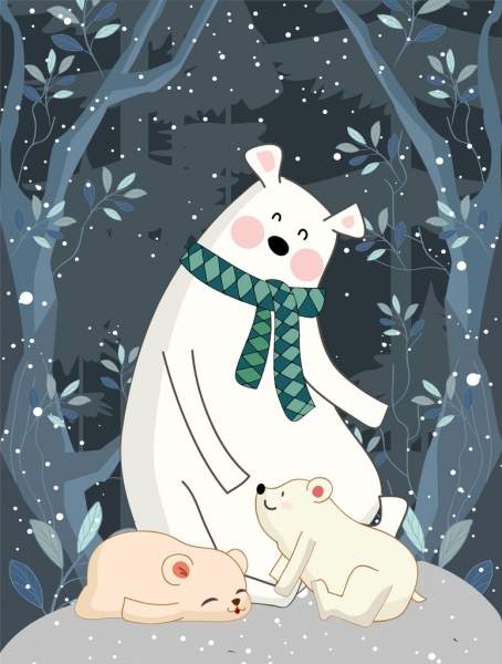 Winterkulisse stilisierte weiße Bären Schneefall-Ikonen