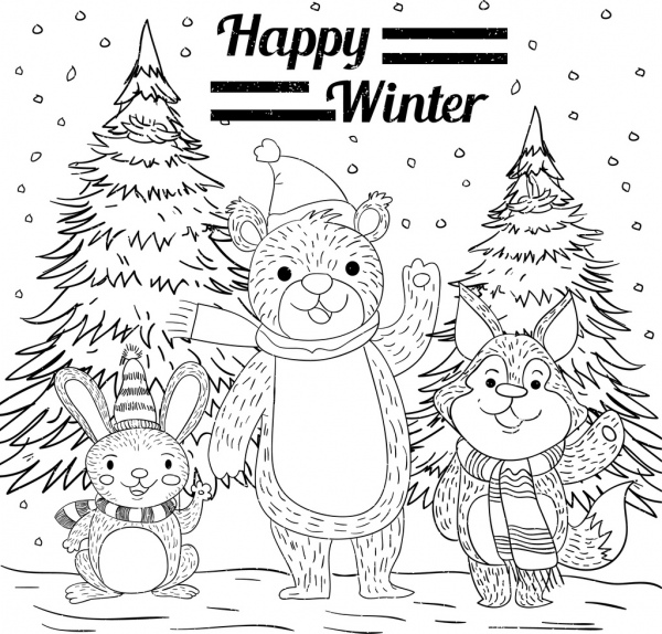 musim dingin latar belakang beruang kelinci fox ikon handdrawn sketsa