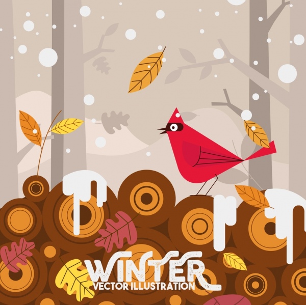 冬の背景、鳥の葉、降雪、アイコン、装飾
