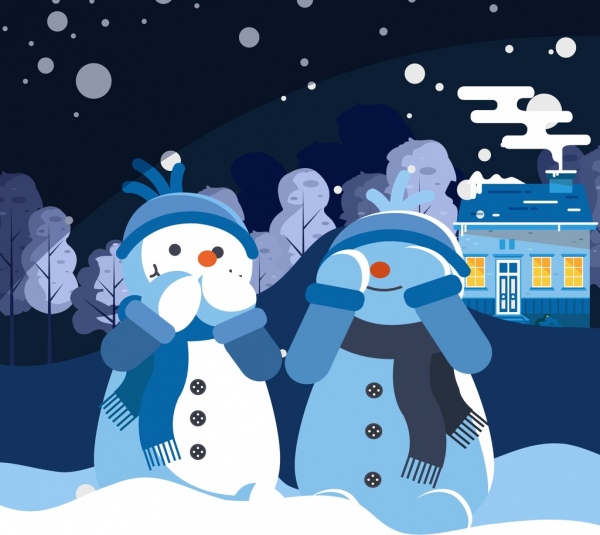 Fond d’hiver mignon stylisé bonhomme de neige icônes dessin animé conception
