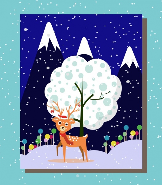 Diseño de fondo la noche paisaje de invierno y renos lindos