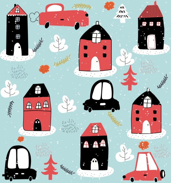 Winter Hintergrund Haus Schnee Auto Symbole flache handgezeichneten