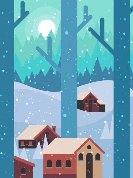 latar belakang musim dingin rumah salju dekorasi ikon moonlight