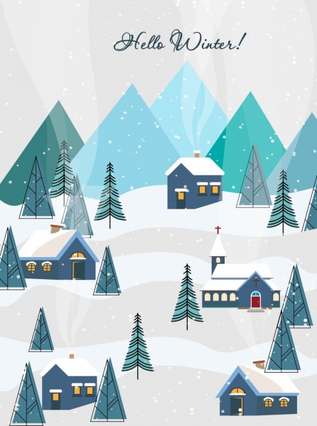tło zimowe domy drzewo spadający śnieg ikony