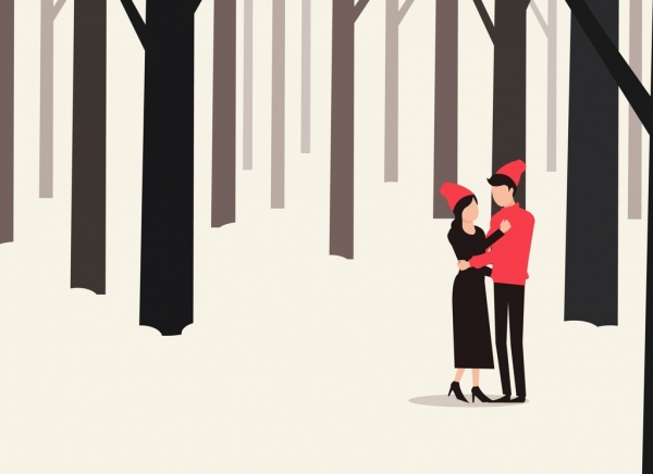 الشتاء خلفية حب الزوجين الرموز الغابات ثلجي.