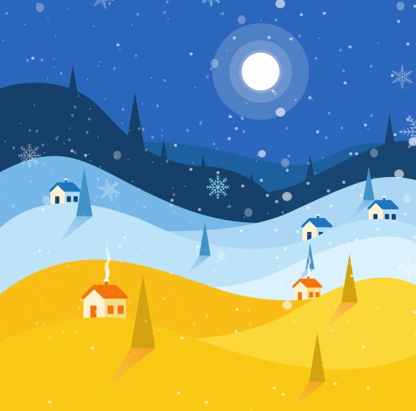 dekorasi musim dingin latar belakang moonlight kepingan salju kota ikon