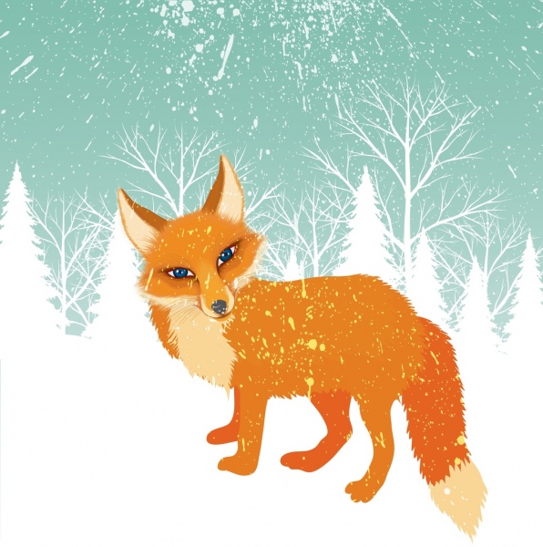 Invierno nieve Fondo de telón de fondo el estilo de dibujos animados Orange Fox