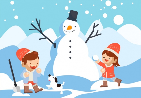 зимний фон игривые дети снеговики иконки мультяшных персонажей