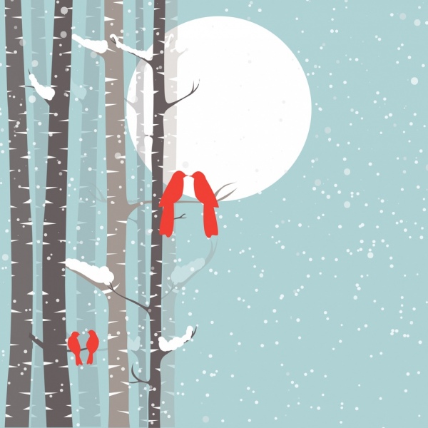 silhueta de fundo vermelho do inverno aves cenário de neve caindo