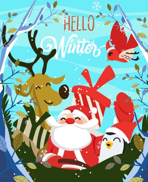 Зимний фон Санта Клаус стилизованных животных иконки