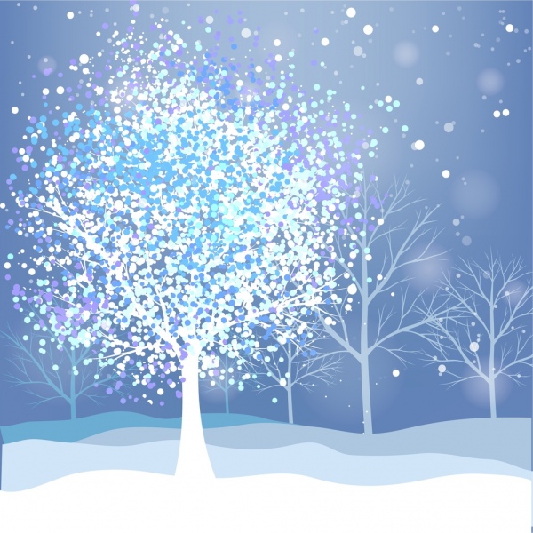 Fondo de invierno nieve ornamento del árbol sin hojas