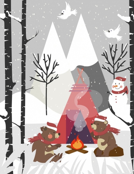 ฤดูหนาวหิมะตกพื้นหลังเก๋ไอคอนหมีแคมป์ไฟ