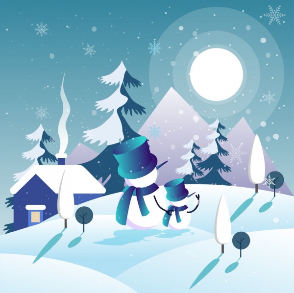 Winter Hintergrund Schneemann Schneeflocken Mondlicht Symbole Dekor