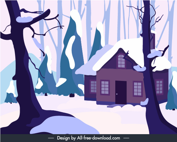 fondo de invierno escena nevada boceto de la cabaña