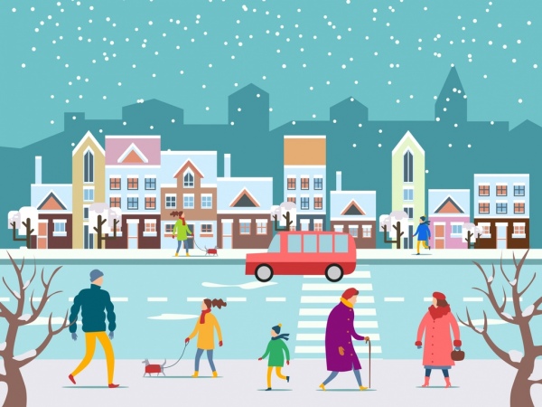 Kış arka plan sokak trafiğe kapalı kar yağışı simgeleri tasarım karikatür