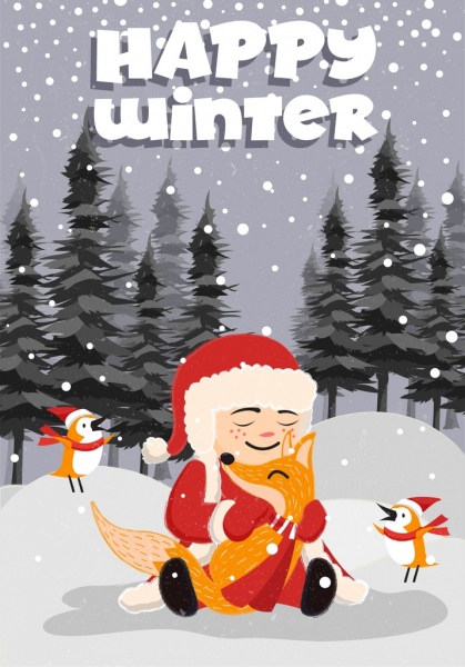 Зимние баннер детские дикие животные холодного снега иконки