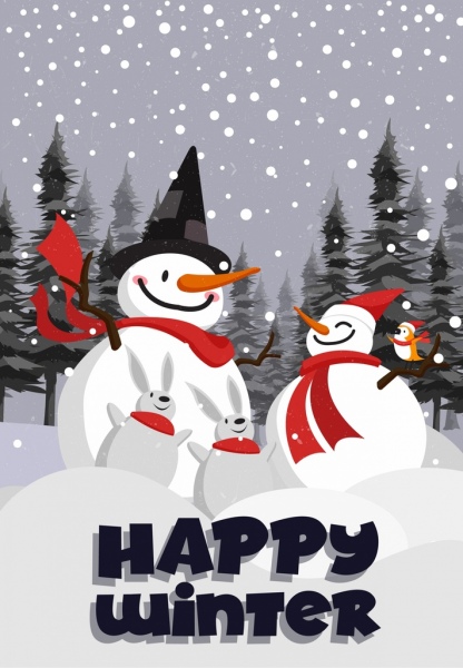 Inverno bandeira boneco de neve caindo neve ícones coloridos dos desenhos animados