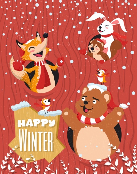 冬バナー様式化された動物雪アイコン カラー漫画